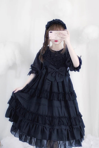 Black Lace Cool Angel Short Sleeves Bowknot Ruffle Gothic Lolita Dress