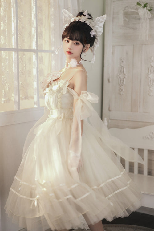 Beige Small Ballet High Waisted Bowknot Chiffon Short Version Sweet Lolita JSK Dress