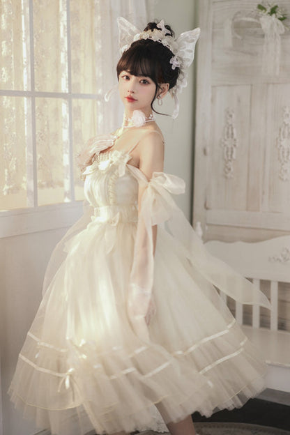 Beige Small Ballet High Waisted Bowknot Chiffon Short Version Sweet Lolita JSK Dress