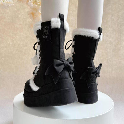 Black Cute Platform Thick-Soled Bowknot Lace-Up Sweet Lolita Plush Boots