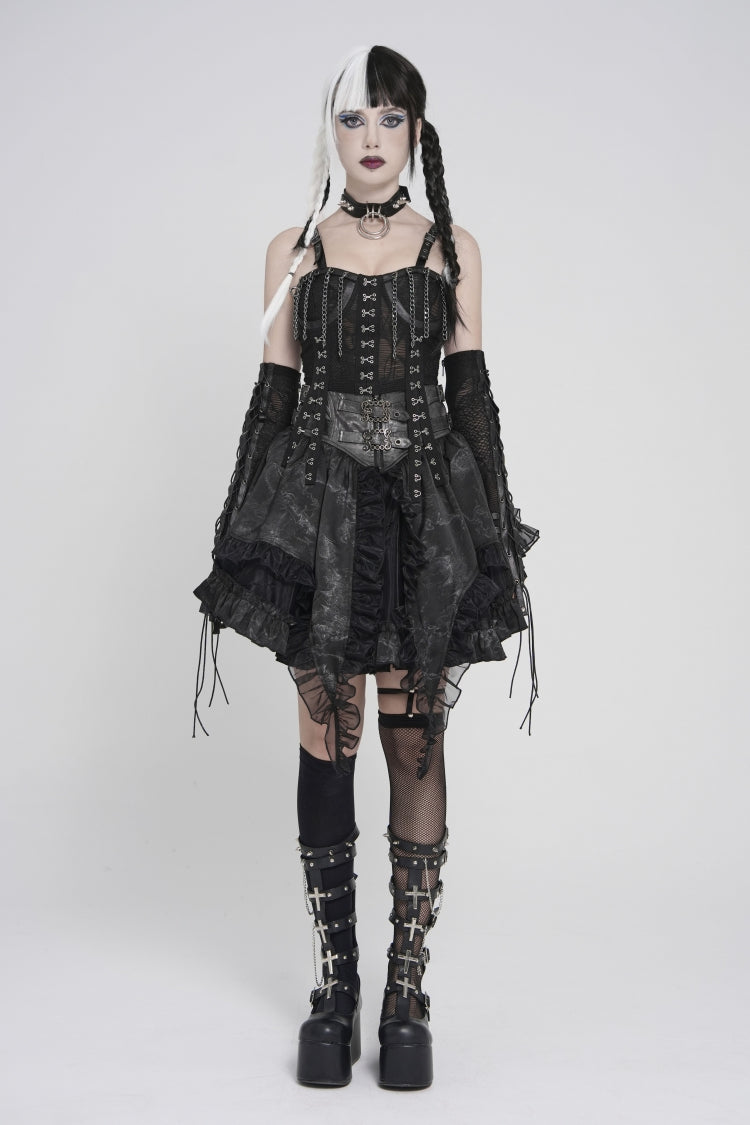 Black Off Shoulder Lace Lace-Up Slim Mesh Strappy Chain-Decorated Eyelet Women's Punk Corset