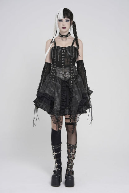 Black Off Shoulder Lace Lace-Up Slim Mesh Strappy Chain-Decorated Eyelet Women's Punk Corset