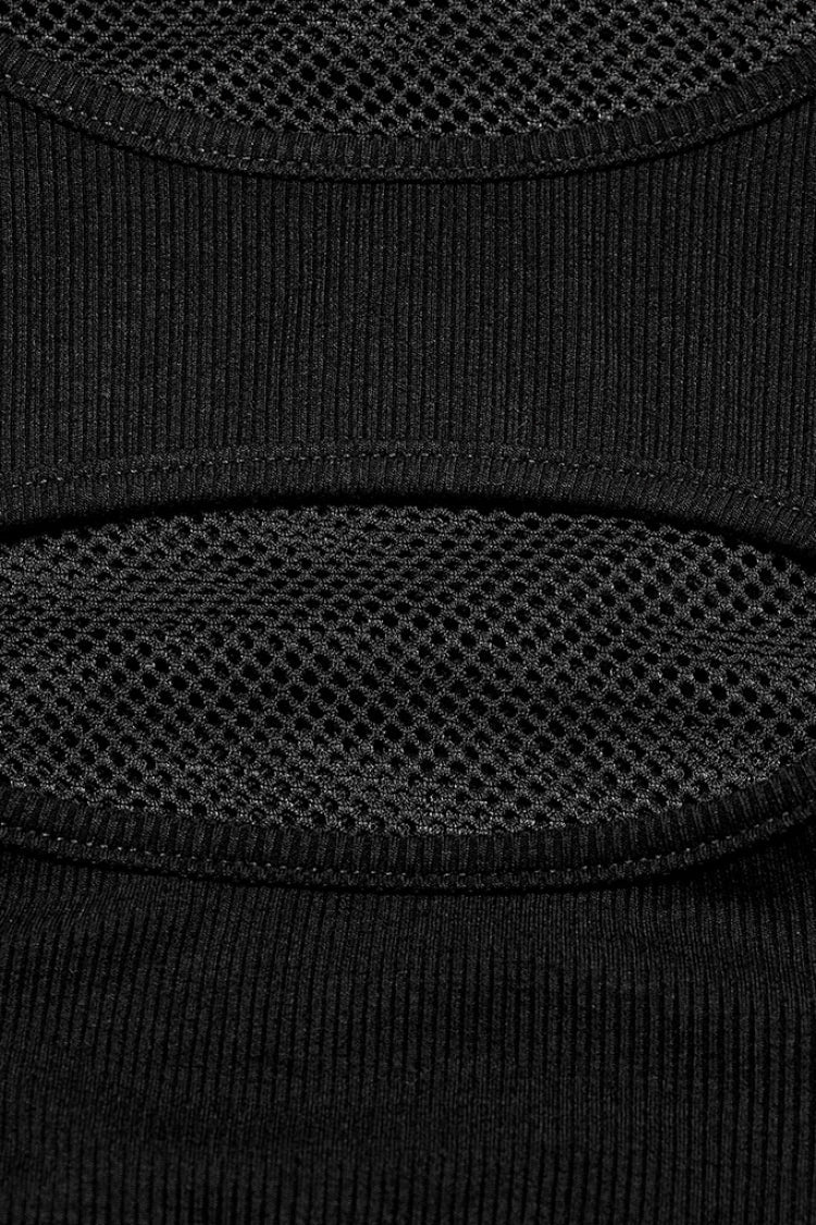 Black Long Sleeves Hollow Mesh Color Matching Fake Two Pieces Women's Punk T-Shirt