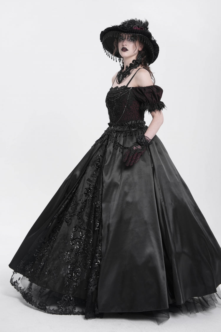 Black Off Shoulder Short Sleeves Jacquard Cardigan Stitching Lace Women's Gothic Dress