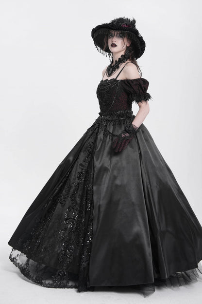 Black Off Shoulder Short Sleeves Jacquard Cardigan Stitching Lace Women's Gothic Dress