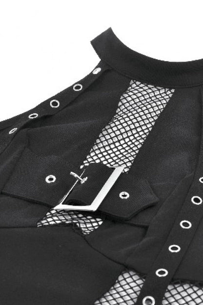 Black Off Shoulder Halterneck Sleeveless Mesh Eyelet Strap Women's Punk Top