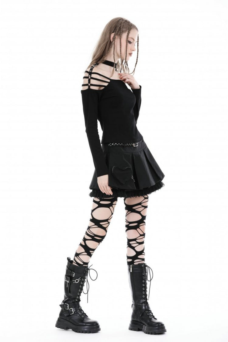 Black Off Shoulder Long Sleeves Cut-Out Buckled Women's Punk Blouse