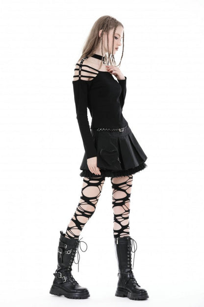 Black Off Shoulder Long Sleeves Cut-Out Buckled Women's Punk Blouse