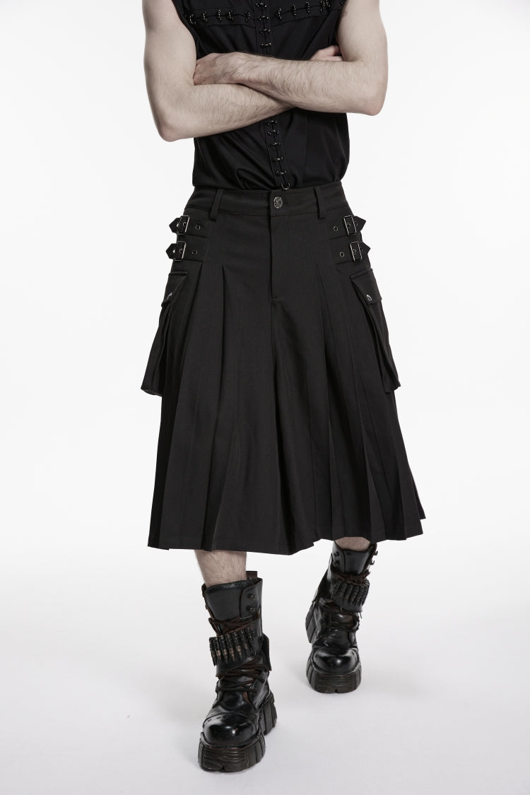 Black Buckled Big Pockets Pleated Men's Punk Pants