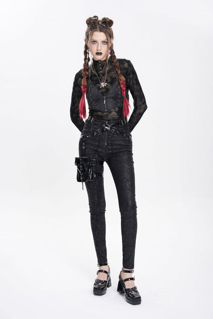 Black Print Buckle Straps Women's Punk Pants with Leg Bag