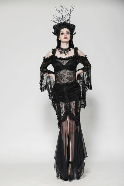 Black Off Shoulder Long Flare Sleeves Lace Women's Gothic Romantic Top