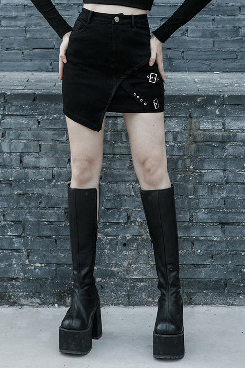 Black Metal Slant Buckle Loop Decoration Irregular Hem Denim Women's Punk Skirt