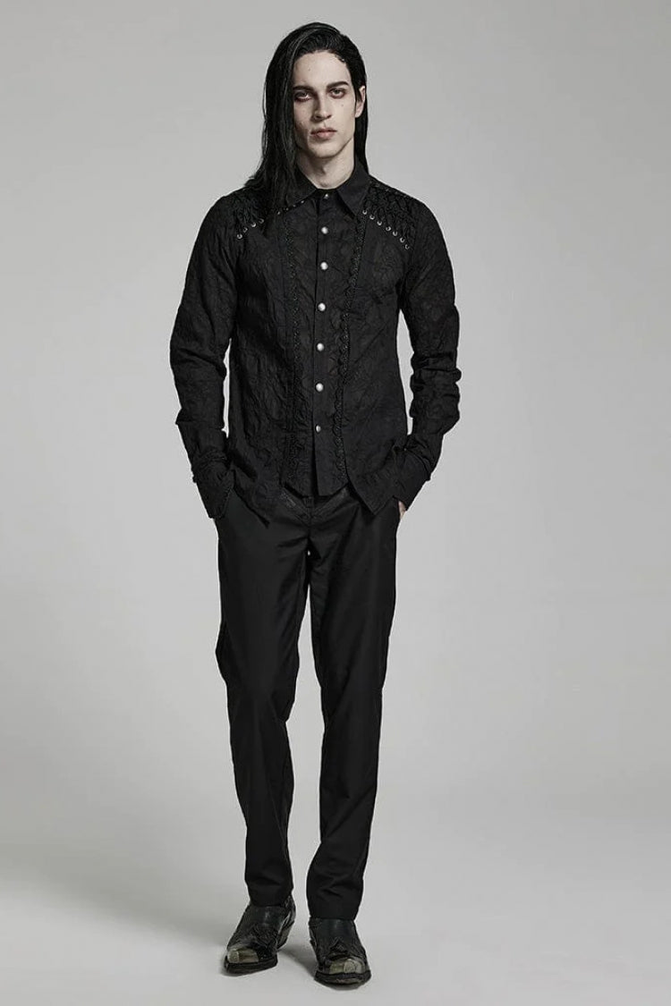 Black Lapel Collar Long Sleeves Lace Mens Daily Gothic Elegant Blouse