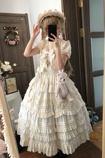 Apricot [Heart In Love] Multi-Layered Ruffled Bow Sweet Lolita Jsk Dress