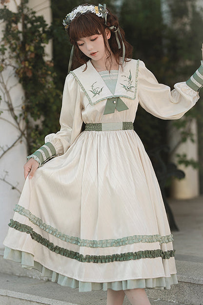 Beige Embroidered Large Lapel Collar Long Sleeves High Waisted Long Sweet Lolita OP Dress