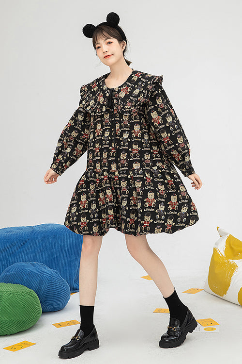 Black Doll Collar Bear Print Puff Sleeves Ruffled Sweet Lolita OP Dress