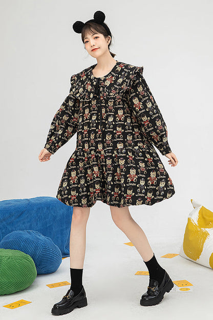 Black Doll Collar Bear Print Puff Sleeves Ruffled Sweet Lolita OP Dress
