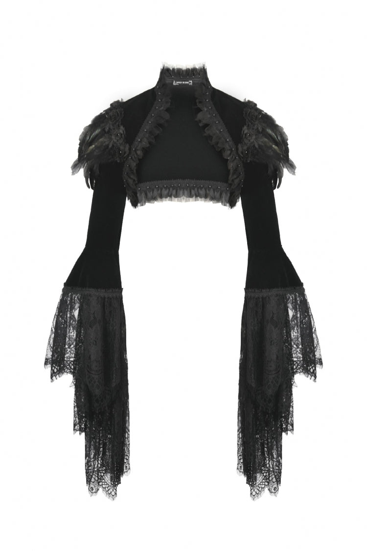 Black Lace Spliced Velvet Long Flared Sleeves Floral Feather Women's Gothic Cape