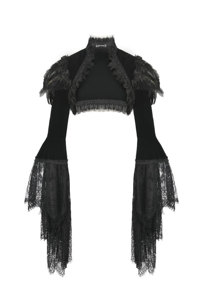 Black Lace Spliced Velvet Long Flared Sleeves Floral Feather Women's Gothic Cape