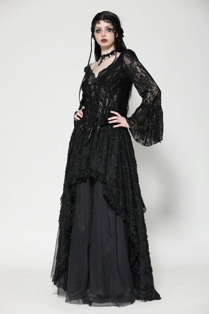 Black Deep V Collar Long Trumpet Sleeves Lace Lace-Up Women's Gothic Corset Top