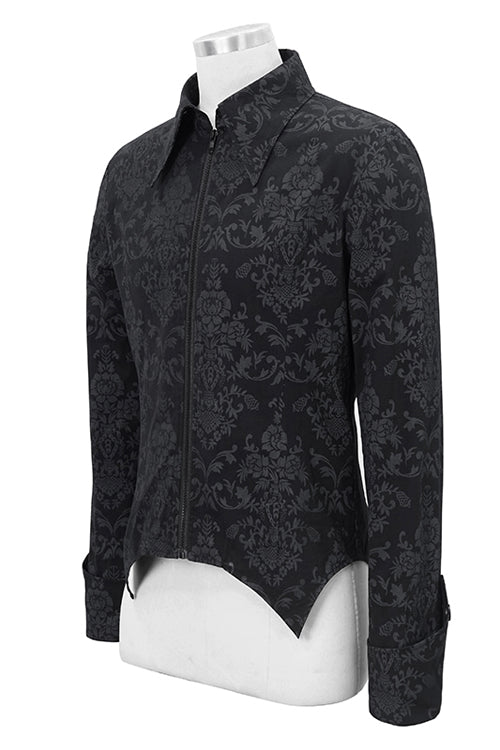 Black Folding Cuffs Palace Printed Zipper Mens Gothic Blouse