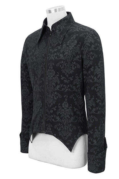 Black Folding Cuffs Palace Printed Zipper Mens Gothic Blouse