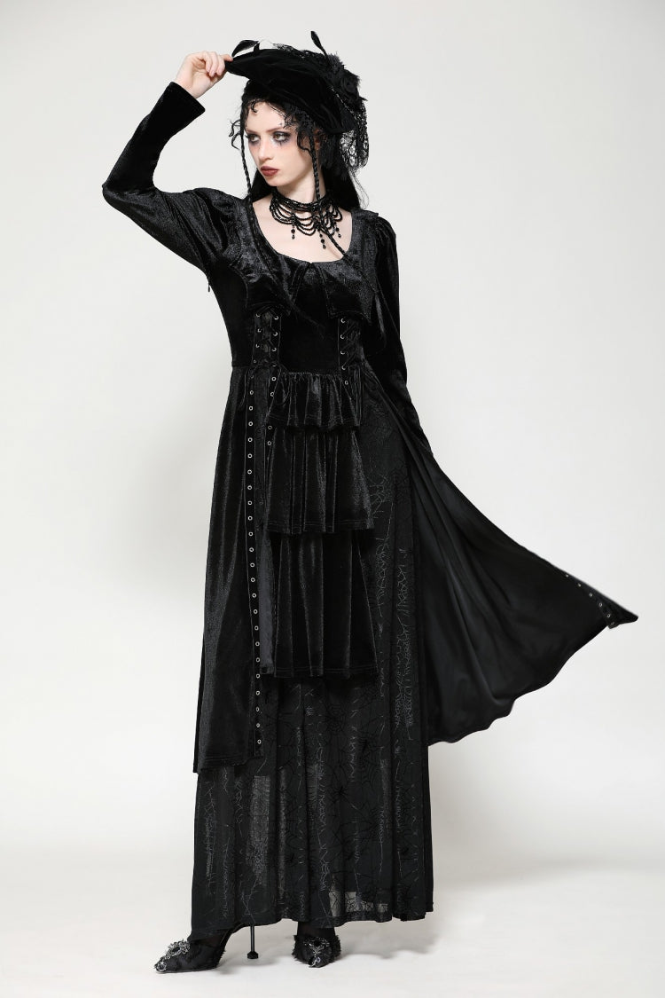 Black Long Sleeves Eyelets Side Slit Women's Gothic Maxi Dresses Wedding Dress