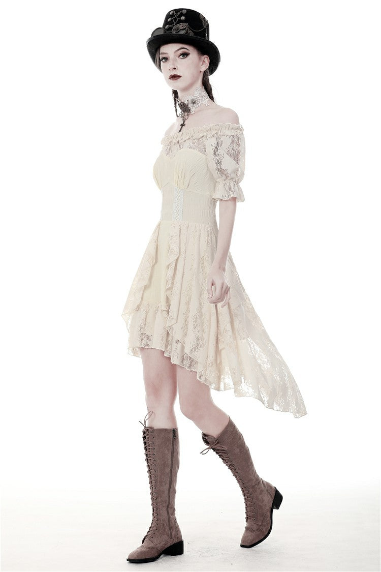 Beige Ruffled Off Shoulder Short Sleeves Ruched Women's Steampunk Vintage Gorgeous Graduation Dress