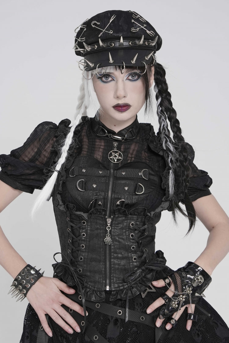 Black Bow Lace-Up Slim Zippered Women's Gothic Swallow-tailed Vest