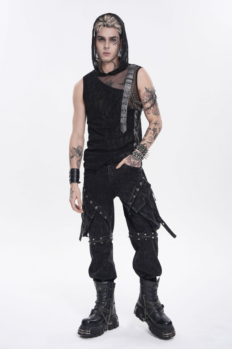 Black Hooded Sheer Asymmetric Chain-Decorated Men's Punk Hooded Vest
