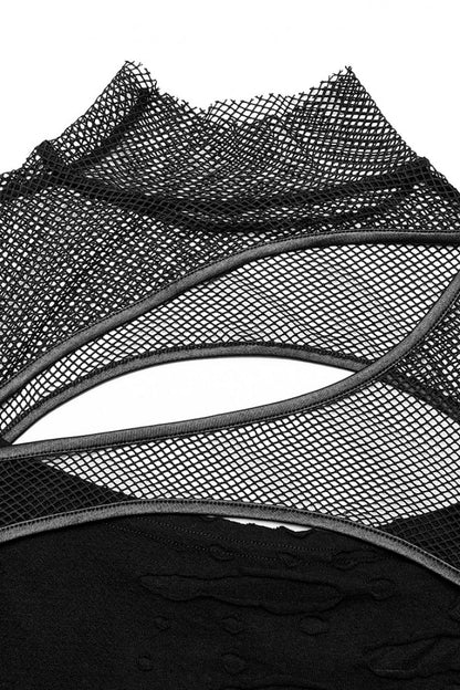 Black Off Shoulder Mesh Ripped Women's Punk T-Shirt