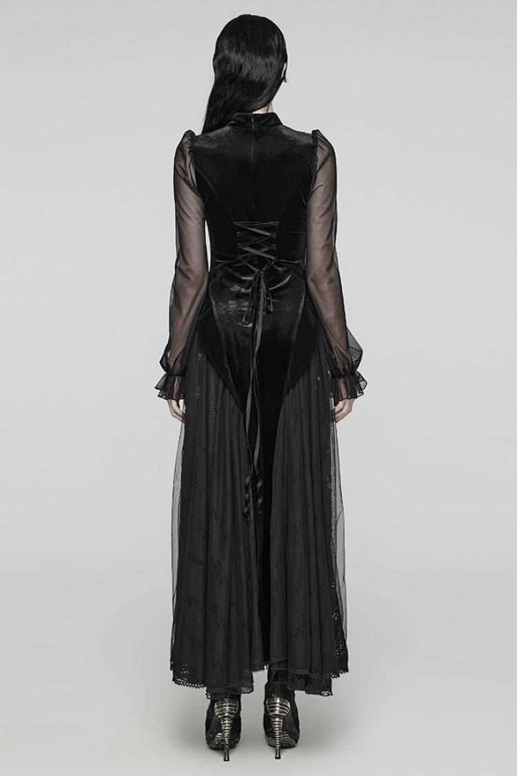 Black Long Sleeves Ruffle Lace Lace-Up Mesh Women's Gothic Dress