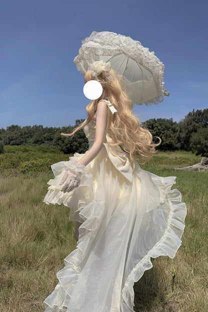 Apricot [Cream Cake] Sleeveless Multi-Layered Ruffle Bowknot Sweet Princess Lolita Jsk Dress Set