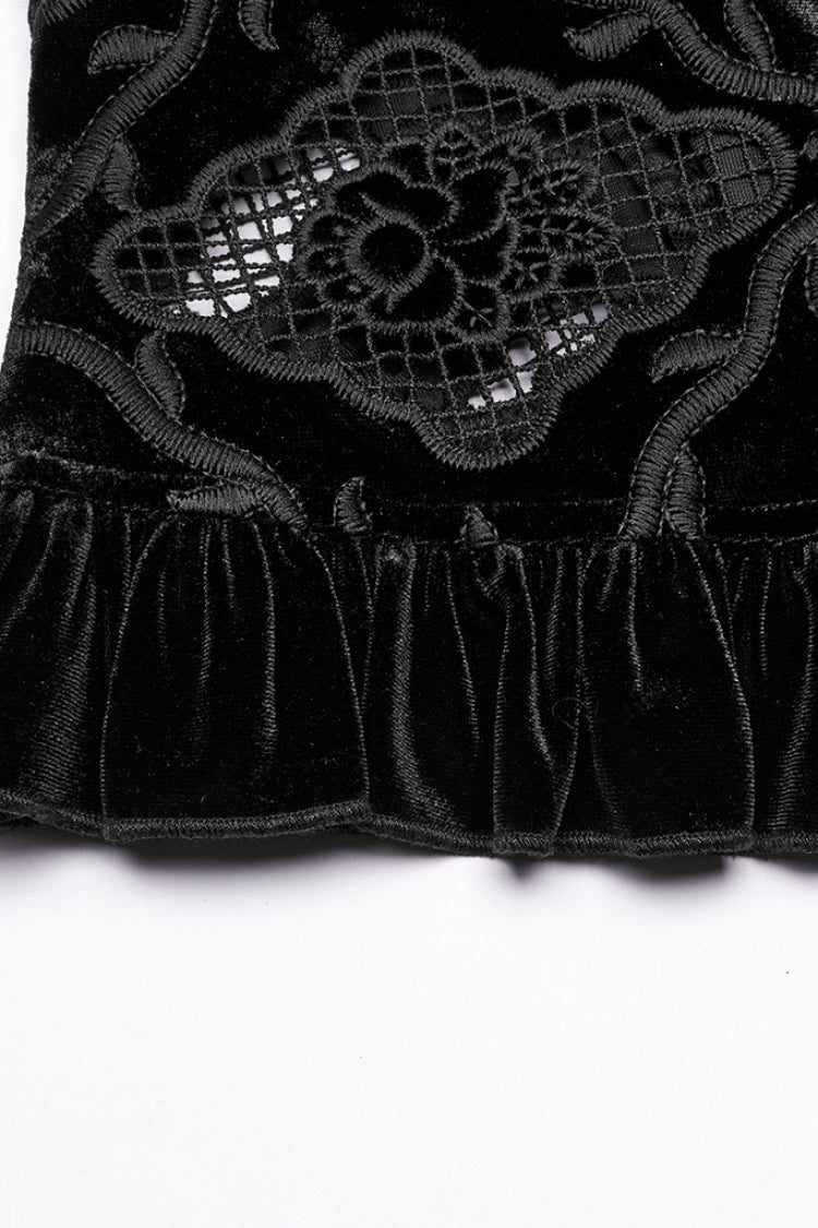 Black Long Sleeves Ruffle Floral Embroidery Women's Gothic Blouse