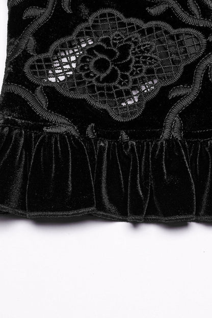 Black Long Sleeves Ruffle Floral Embroidery Women's Gothic Blouse