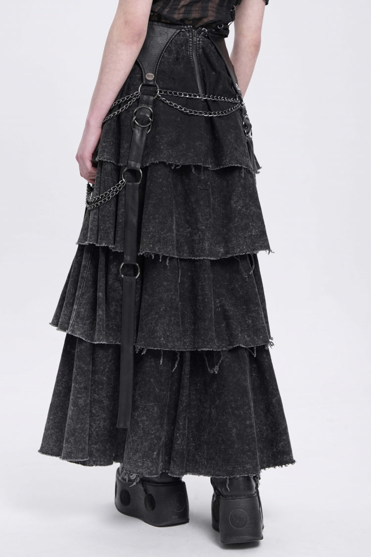 Black Multi-Layered Lace-Up Chain Women's Punk Skirt