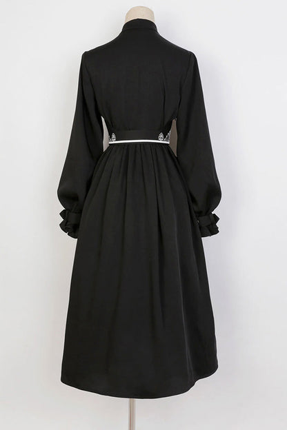 Black Mysterious Long Sleeves Chinese Style Single Breasted High Waisted Print Hanfu Dress