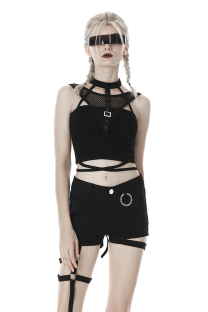 Black Halterneck Spliced Mesh Strappy Buckle Eyelet Harness Women's Punk Midriff-Baring Tank Top