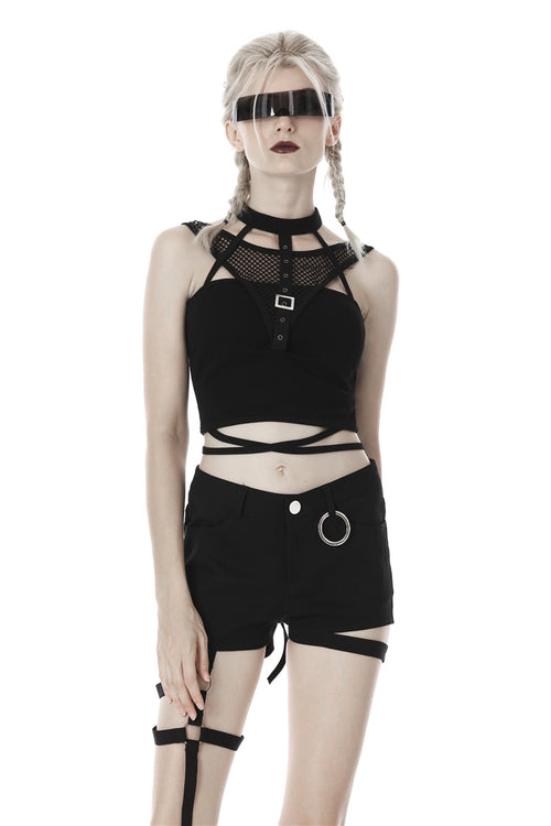 Black Halterneck Spliced Mesh Strappy Buckle Eyelet Harness Women's Punk Midriff-Baring Tank Top