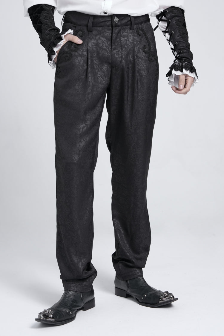 Black Floral Print Embroidery Men's Gothic Suit Pants