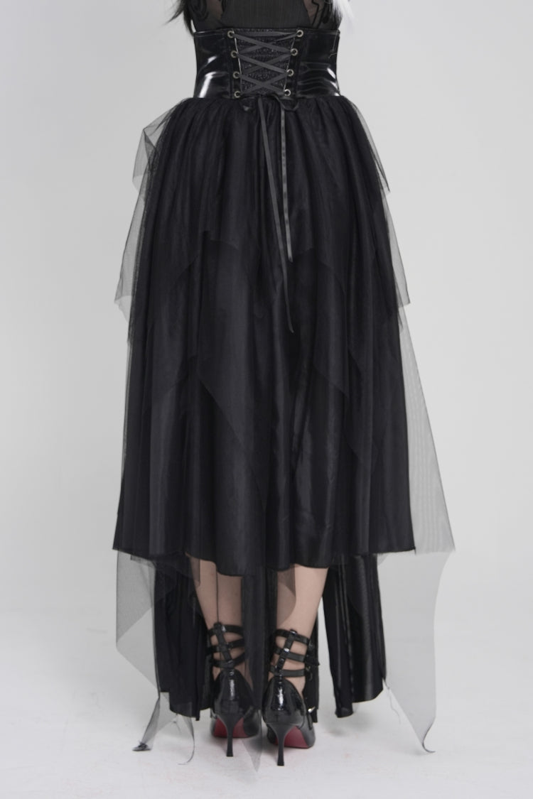 Black Multi-Layered Lace-Up Slim Irregular Asymmetric Eyelet Women's Gothic Long  Skirt