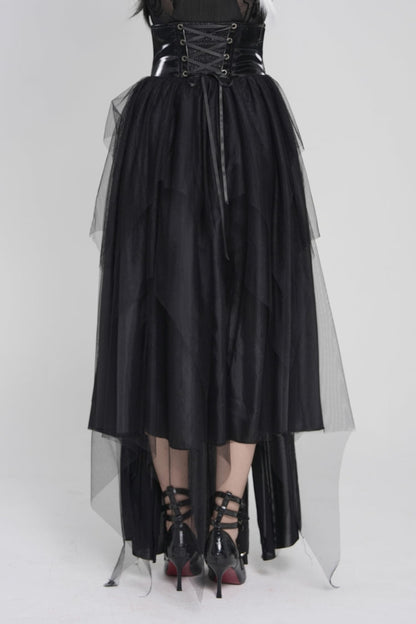Black Multi-Layered Lace-Up Slim Irregular Asymmetric Eyelet Women's Gothic Long  Skirt