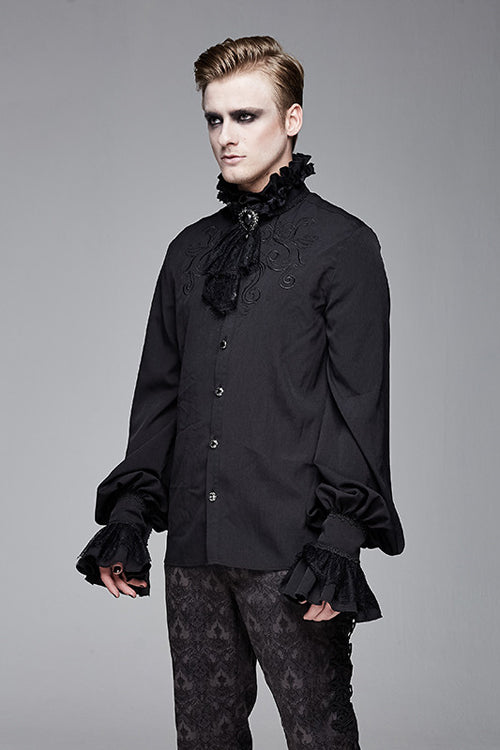 Black Chiffon Embroidered Long Sleeves Mens Gothic Blouse