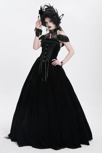 Black Off Shoulder Embroidery Lace Lace-Up Women's Gothic Gown Dress
