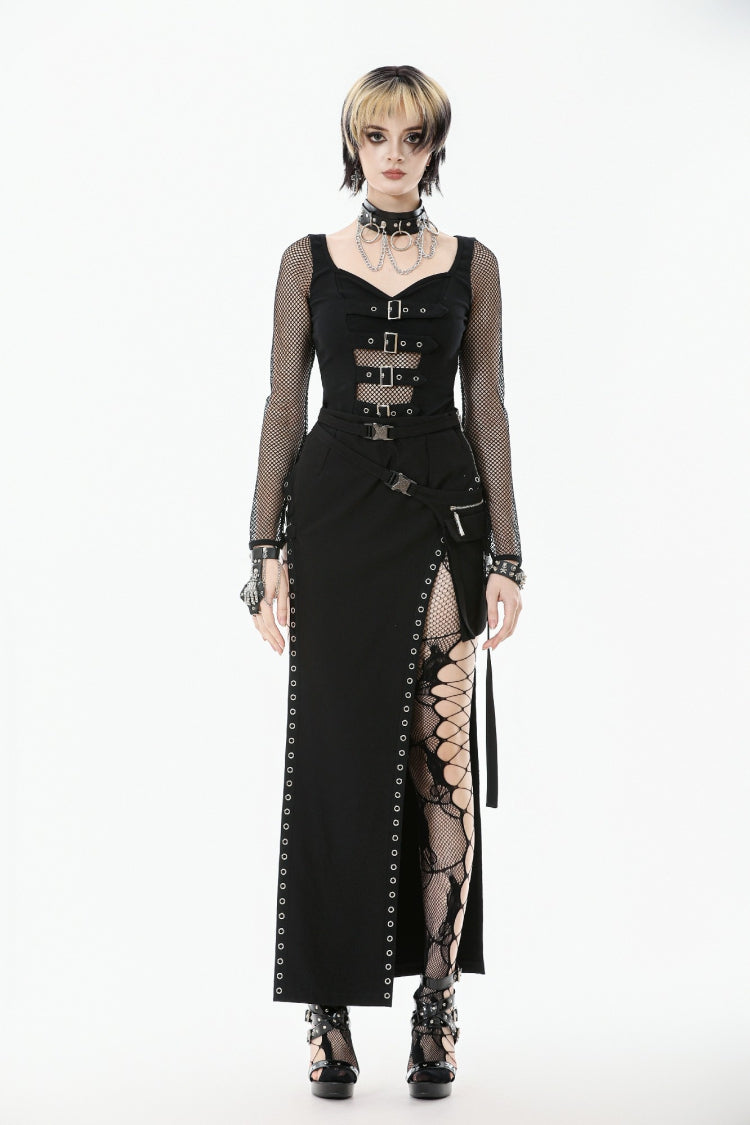 Black Mesh Spliced Long Sleeves Buckled Strap Eyelet Women's Punk Top