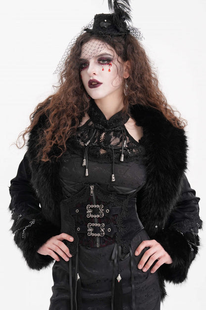 Black Faux Fur Bucket-up Chain Women's Gothic Jacket