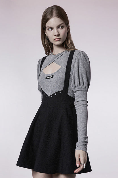 Black Future Series Metal Buttonhole Decoration Collect Waist Swing Hem Cat Ear Women's Gothic Skirt