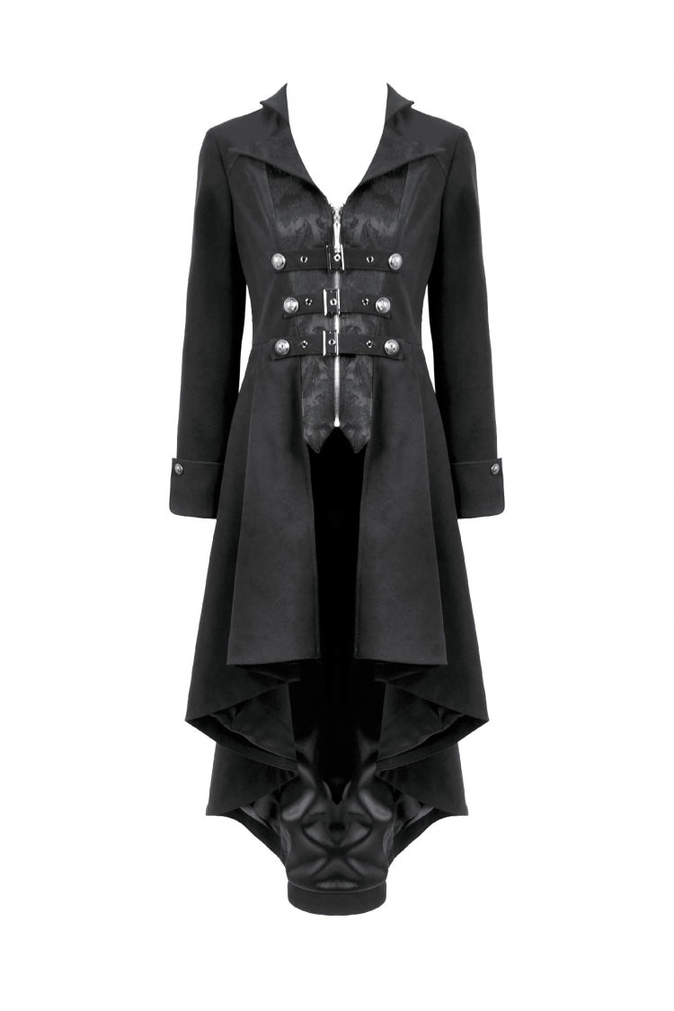 Black Lapel Collar Long Sleeves Lace-Up Irregular Bouble-breasted Buckle-up Women's Gothic Coat