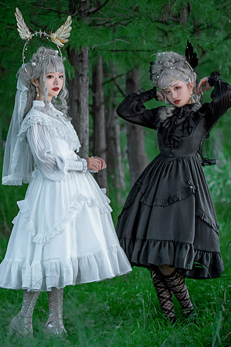 Black Hollow V Neck Long Sleeves Bowknot Hanayome Ruffled Gothic Lolita Dress