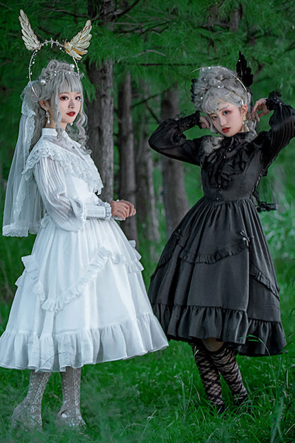 Black Hollow V Neck Long Sleeves Bowknot Hanayome Ruffled Gothic Lolita Dress